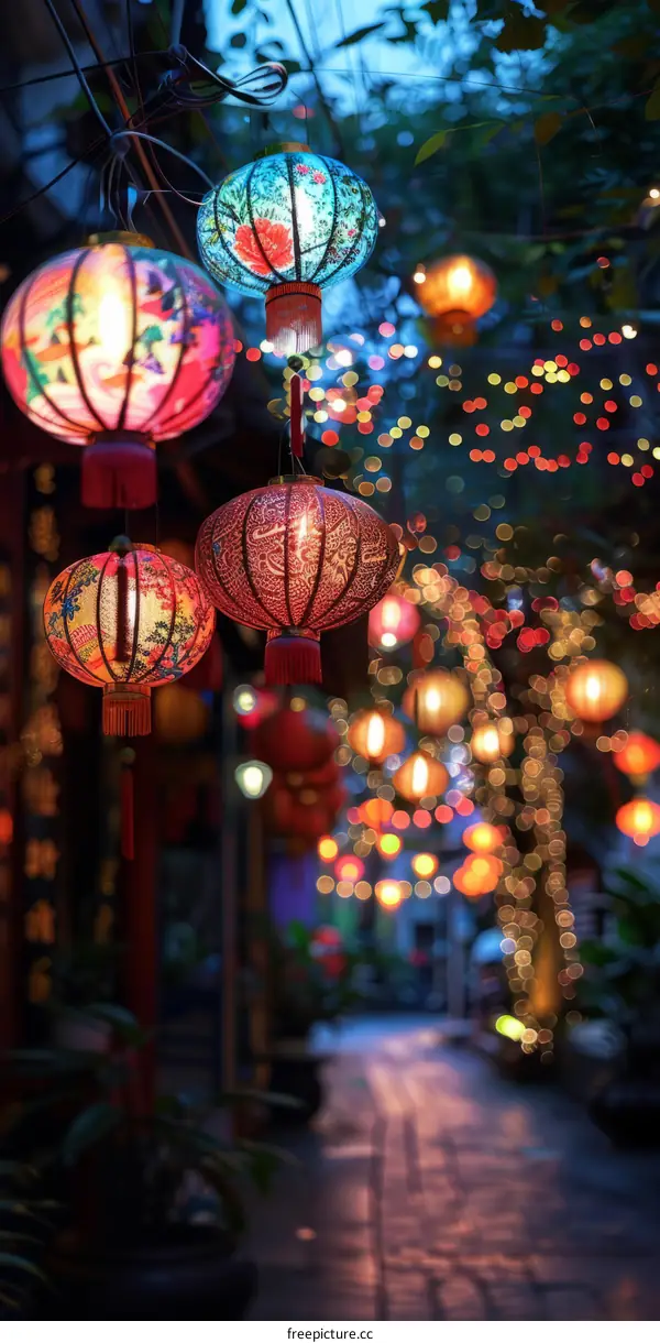 Vibrant Red and Yellow Paper Lanterns Hang from Wires under Green Leaves