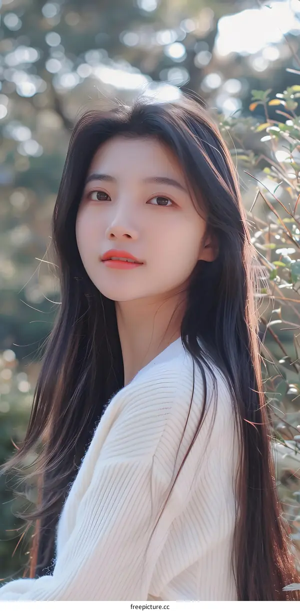 Portrait of a Young Asian Woman with Long Hair in a White Sweater