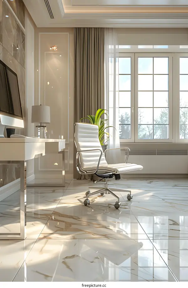 An elegant home office with a large window and a marble floor