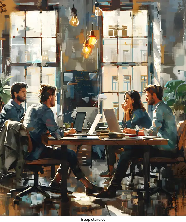 Four Colleagues Working Together in Modern Office