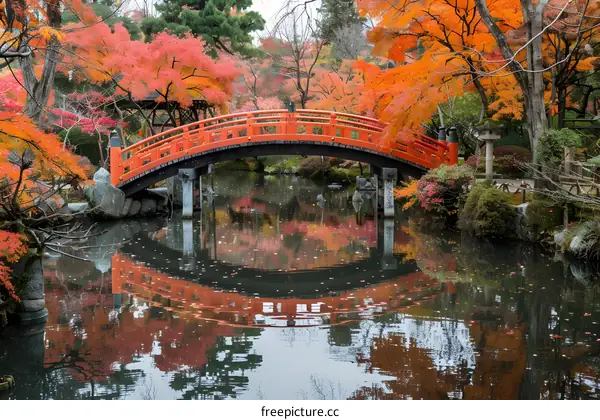 Red bridge over a pond in a Japanese garden