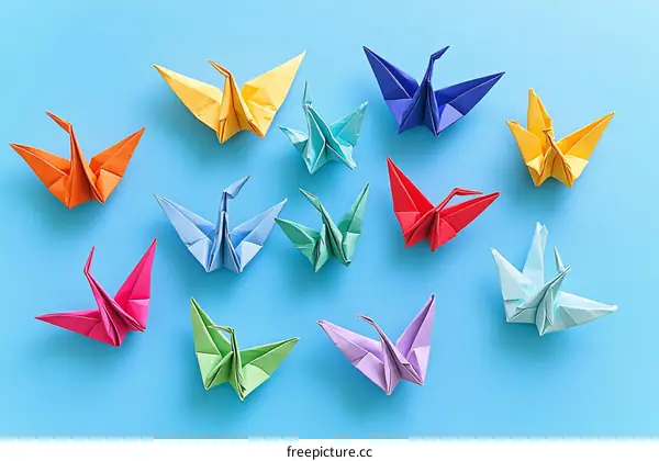 Colorful Origami Cranes on a Light Blue Background