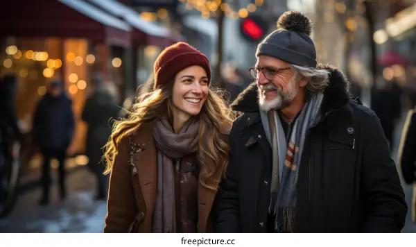 An elderly couple is walking down the street smiling at each other