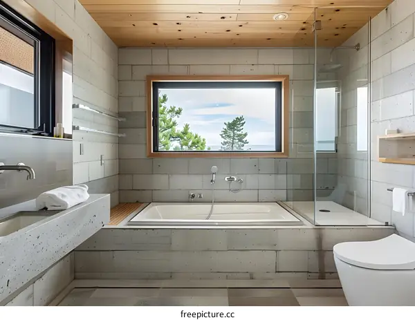 Modern Bathroom with Bathtub and View
