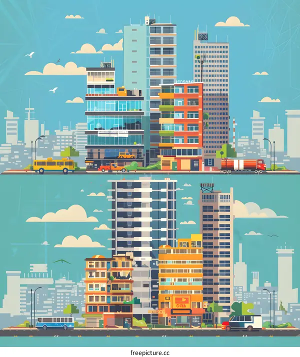 Colorful Illustration of Cityscape with Buildings and Vehicles
