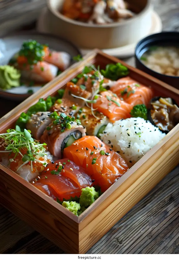 Japanese Sushi Box with Sashimi, Rice and Cucumber