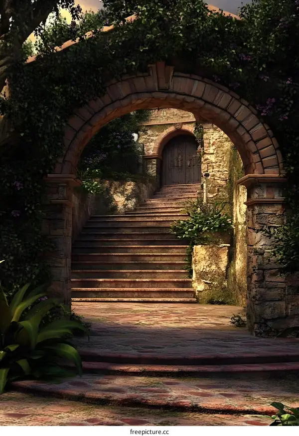 Stone Archway Leading to an Old Stone Building