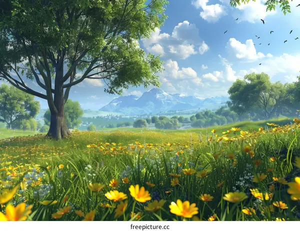Tranquil Meadow with Towering Tree and Golden Bloom