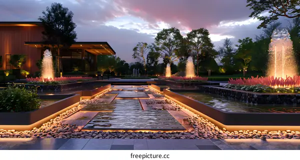 Modern Garden Design With Water Features And Lighting