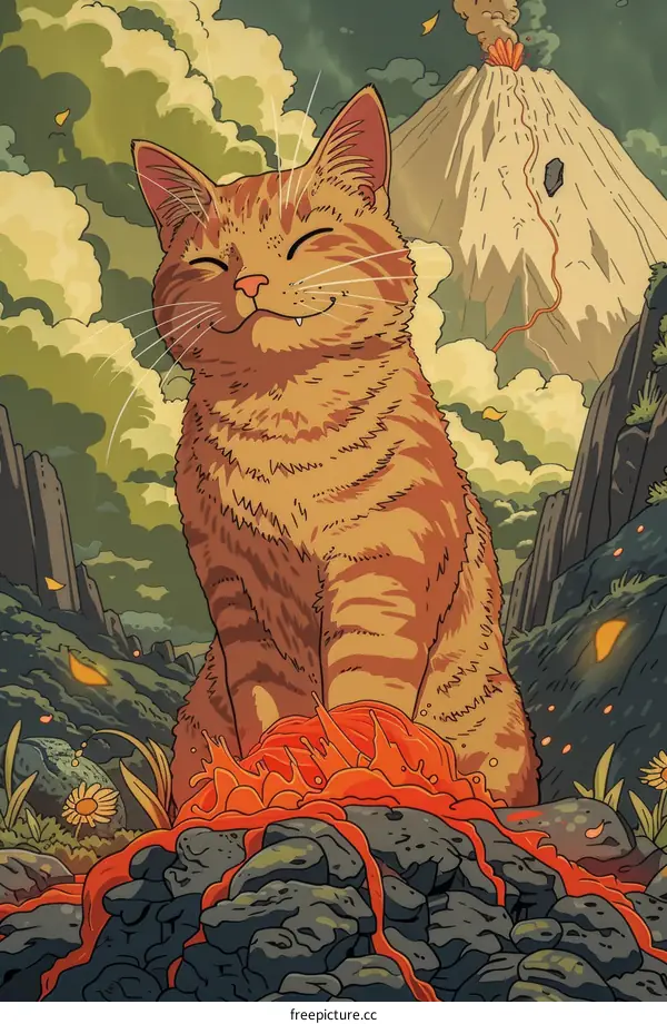 Cat in front of a volcano