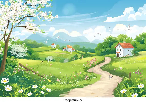 Springtime Landscape with White Flowers and Birds Flying