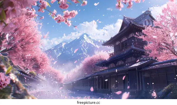 Japanese traditional house and cherry blossoms