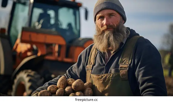 A farmer proudly displays his freshly harvested potatoes.