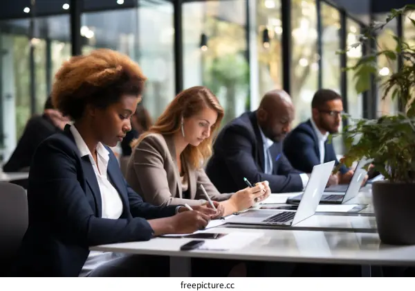 A group of people working together in an office