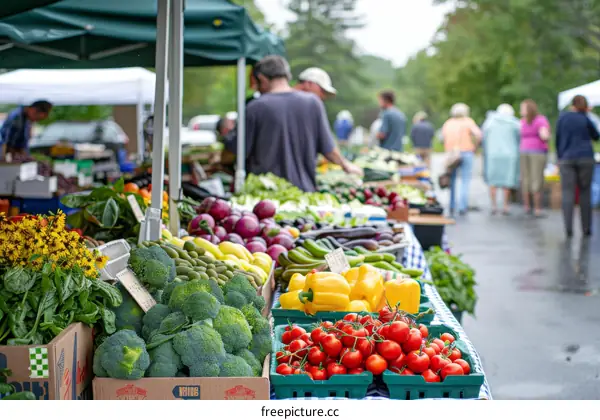 Fresh and colorful vegetables and fruits at a farmer's market