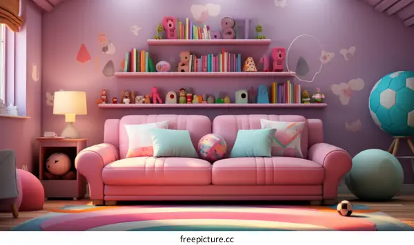 A cozy pink living room with a sofa, rug, and bookshelves