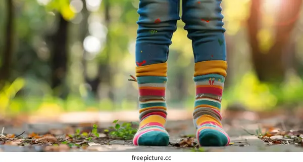 Colorful socks and little feet in the woods