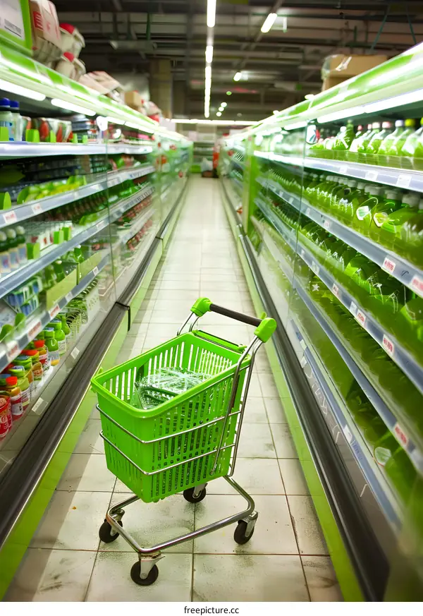 Green Shopping Cart In Super Market