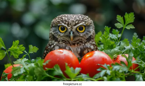 Owl perched among green tomatoes