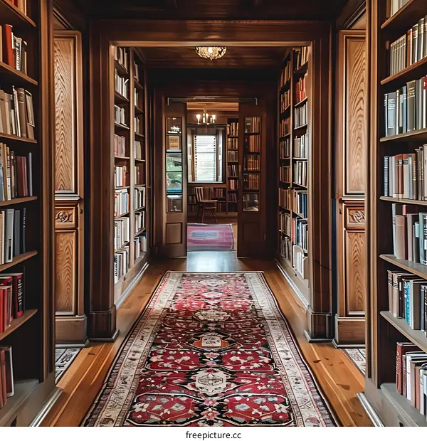 Classic Wooden Bookshelves in Library Hallway