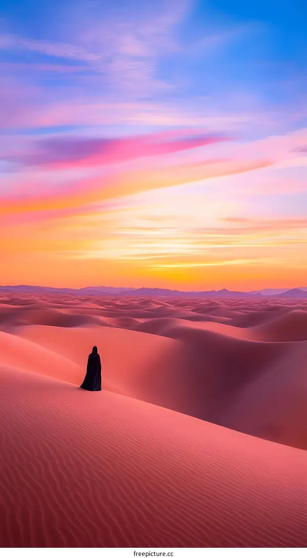 Woman Walking in Desert Under Sunset