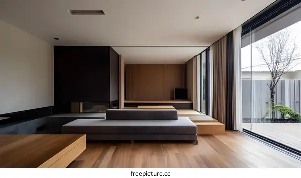 Modern Minimalist Living Room with Wooden Floors and Large Windows