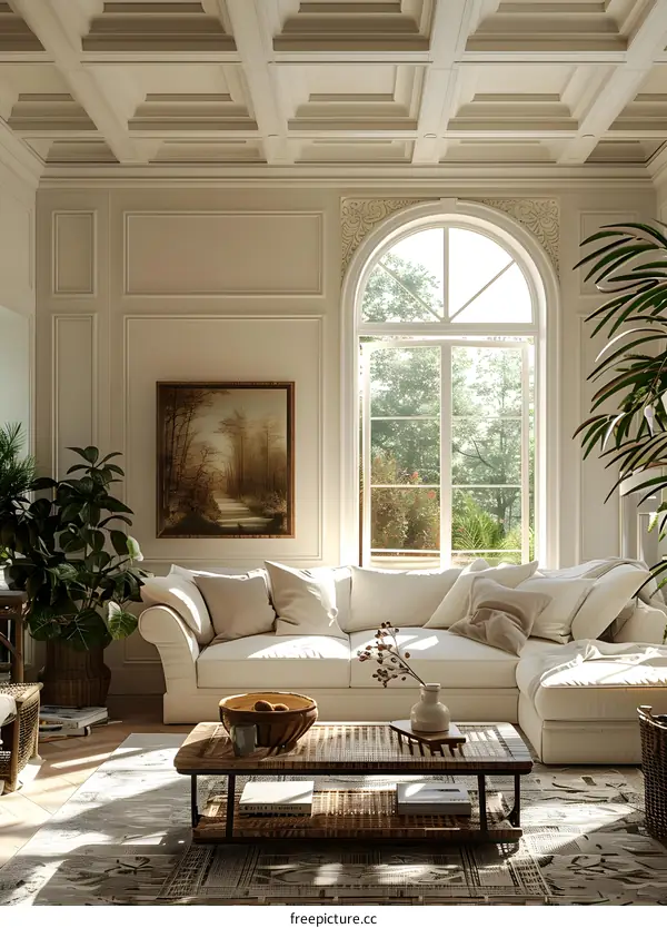 Bright living room interior with large windows and plants