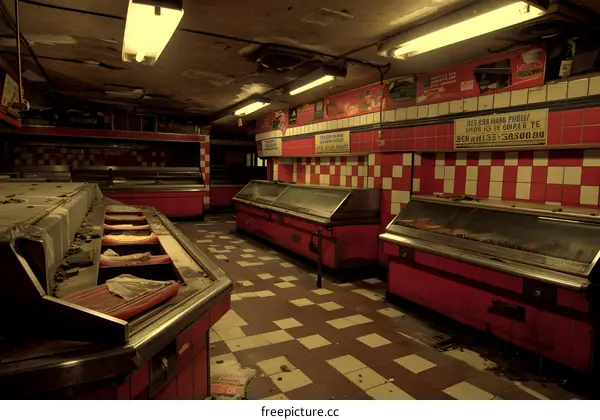 Abandoned Butchers Shop Interior with Red and White Tiles