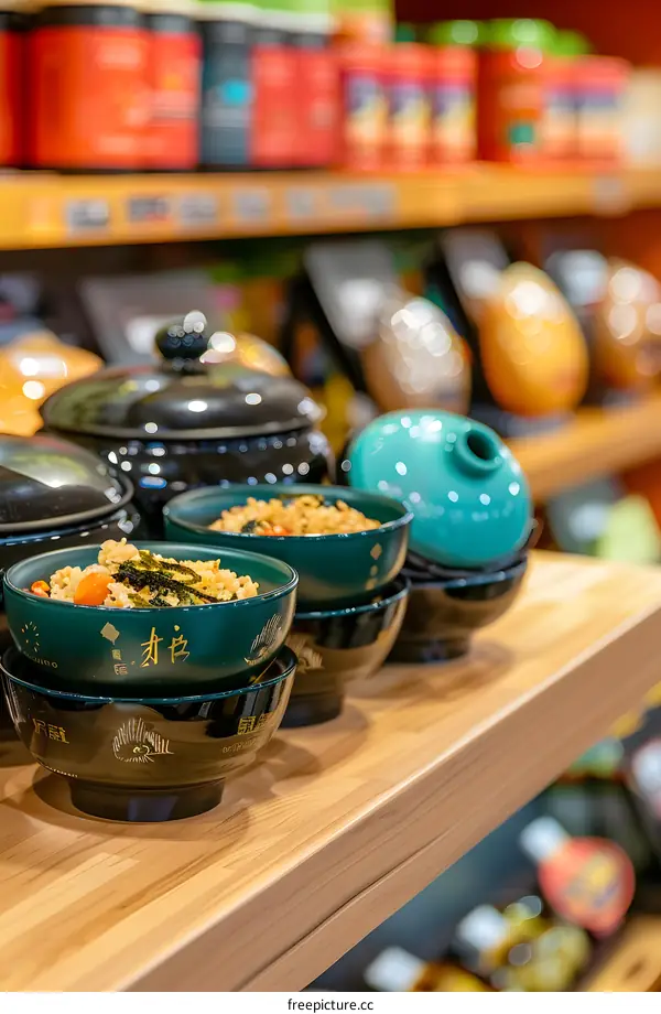 Green Bowls with Rice and Seaweed on Shelf in Japanese Store