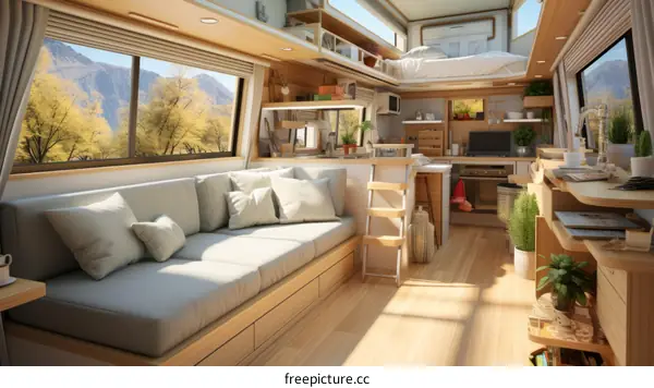 Modern interior of a camper van with large windows and a comfortable sofa