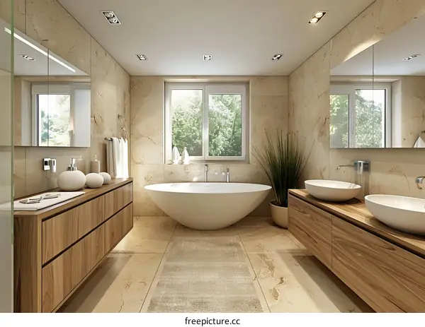 Luxury bathroom with bathtub and two sinks