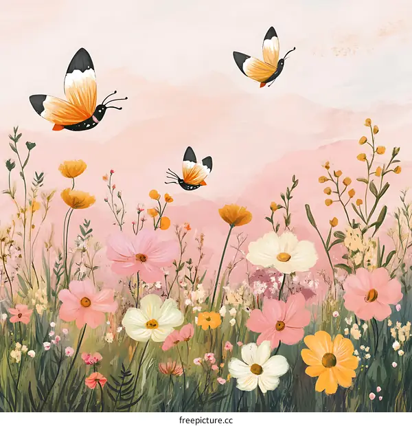 Butterflies Flying Over a Field of Flowers