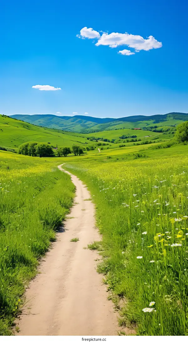 Countryside dirt road through a lush green grassy field on a sunny day