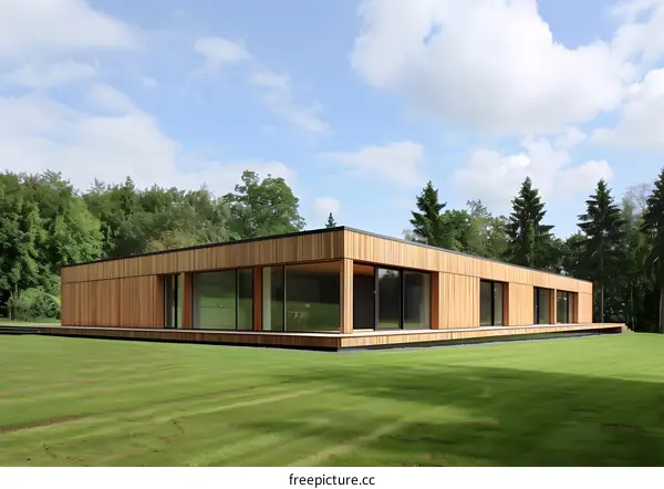 Modern Wooden House With Large Windows And Green Lawn
