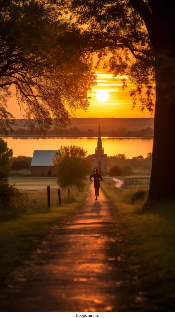 Runner on a country road at sunset