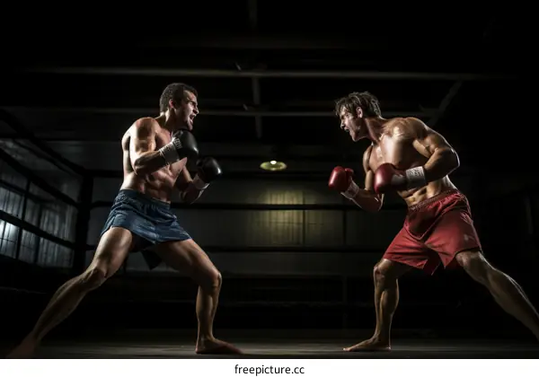 Two muscular male boxers in a boxing ring