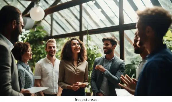 A group of multi-ethnic business professionals having a casual meeting in a greenhouse