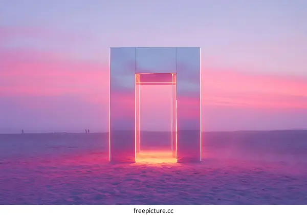 Neon Portal on a Pink Desert Landscape
