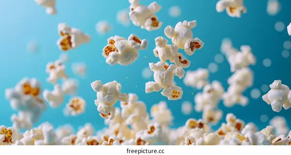 White popcorn kernels exploding in mid air against a blue background