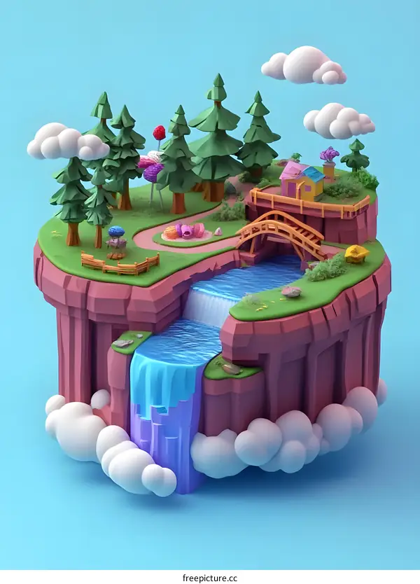 Low Poly Cartoon Landscape with Waterfall and Clouds