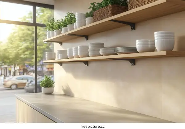 Modern Kitchen Decor with Wooden Shelving and Dishes