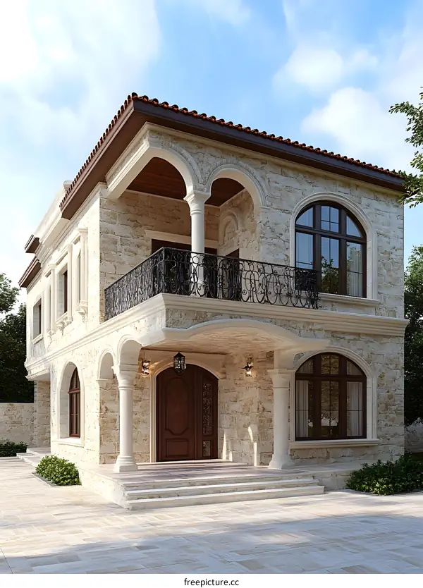 Stone House with Arched Entrance and Balcony