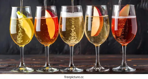 Five Glasses of Sparkling Apple Cider with Apple Slices