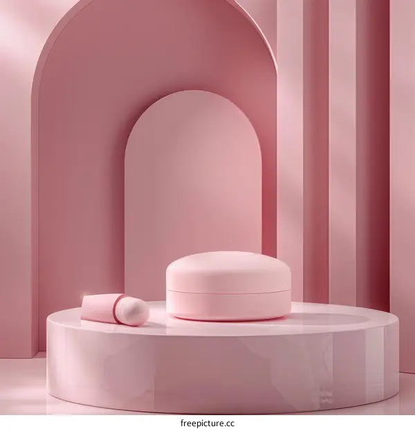 Pink Podium with Cosmetic Bottle and Roller Applicator