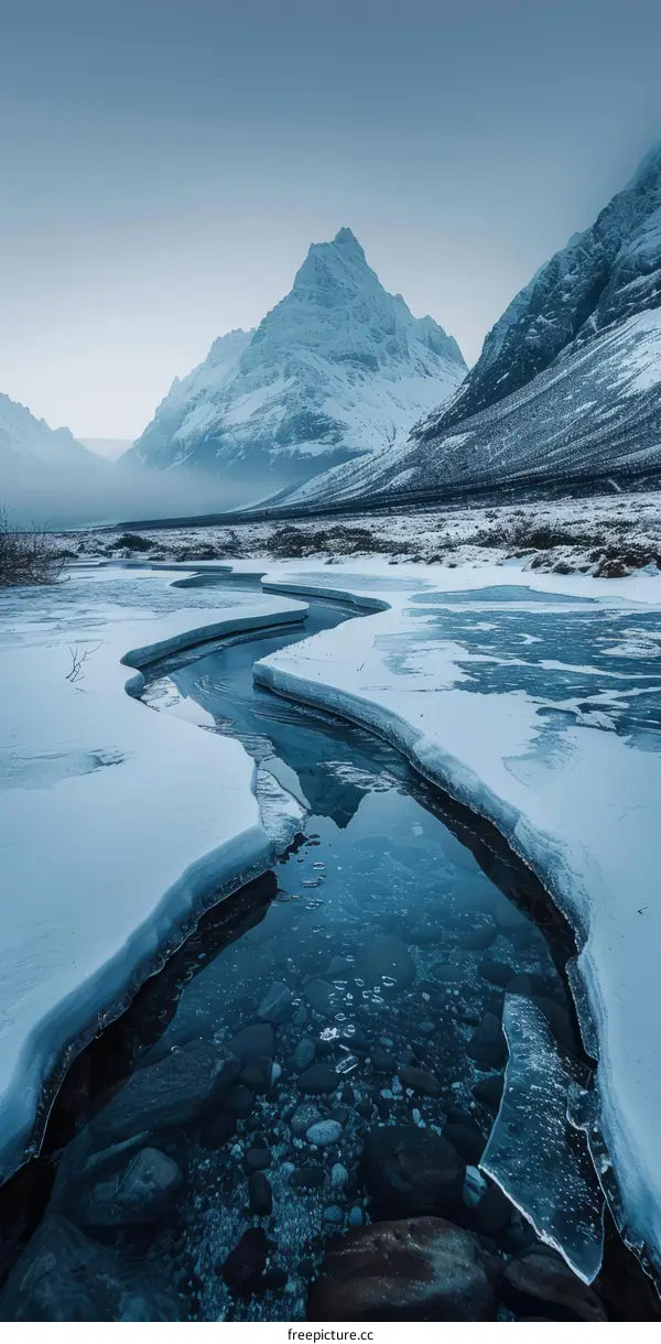 frozen river between snow covered mountains