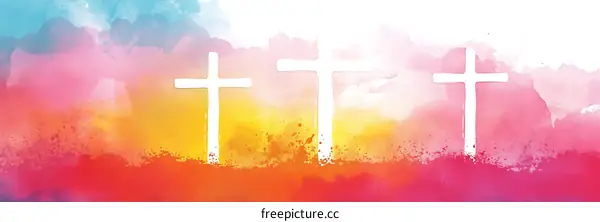 Colorful Watercolor Background with Three Christian Crosses