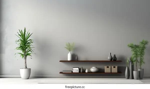 A living room with a large gray wall and a few plants
