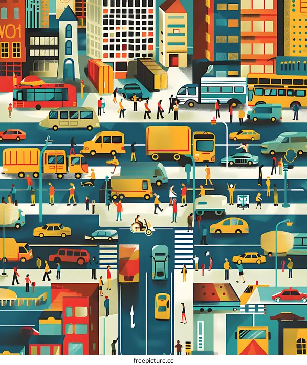 Busy City Street With People and Vehicles