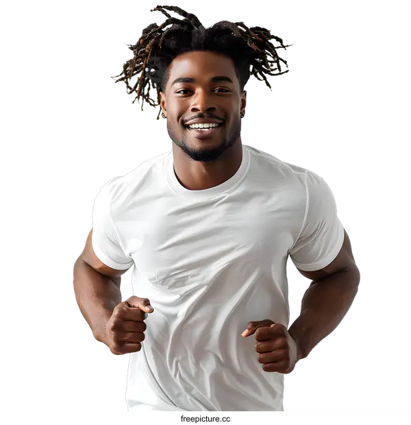 [Transparent Background PNG]Black male model with dreadlocks running in a white T-shirt
