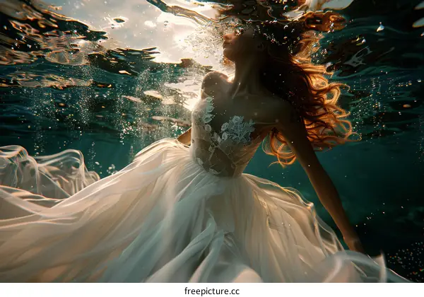 A Bride Floating Underwater in a Flowing White Dress